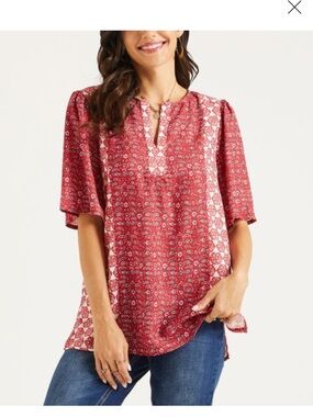 SUZANNE BETRO Red Split-Neck Printed Tunic Blouse Popover Summer Boho Plus 1X